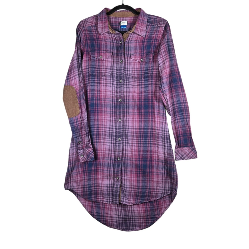 KAVU Jurnee Dress Womens Small Purple Plaid Flannel Shirt Elbow Patch Hi-Low Hem